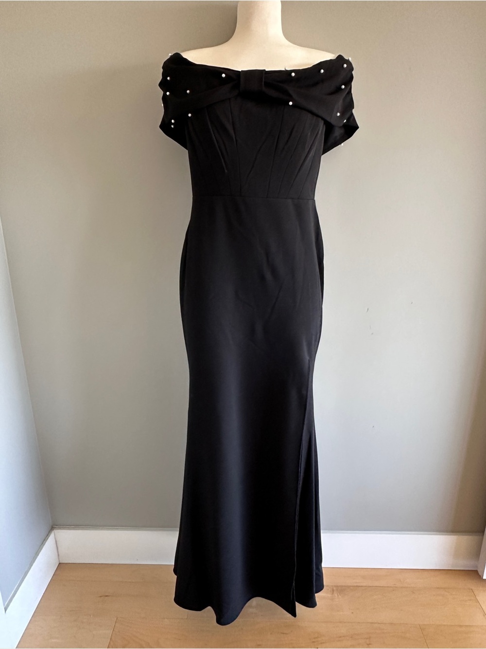 Blondie Nites Black Off The Shoulder Evening Dress with Pearl Accents